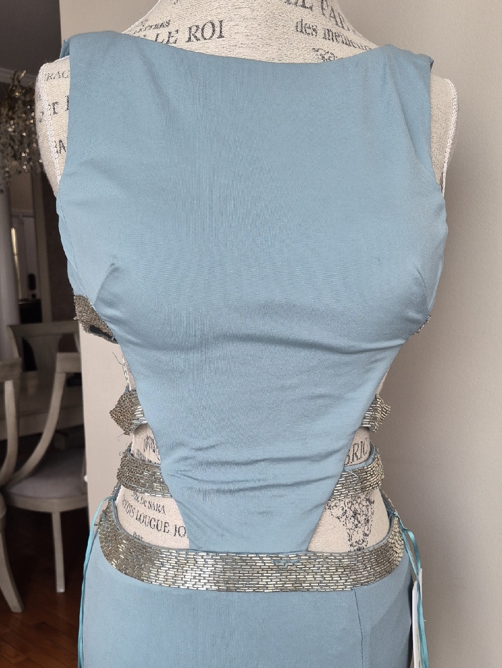 JOVANI DUSTY BLUE SIDE CUTOUT BEADED DETAIL LINED STRETCHY MERMAID FLARE DRESS - Picture 4 of 13